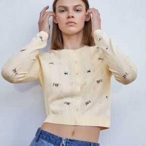 Zara Floral Embroidered Pointelle Knit Cardigan in Butter Yellow